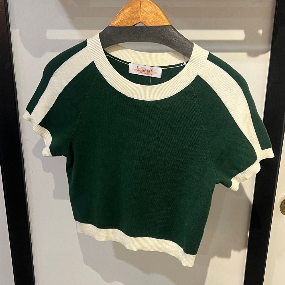 beyourself Boutique Green & Cream Ribbed Knit Top